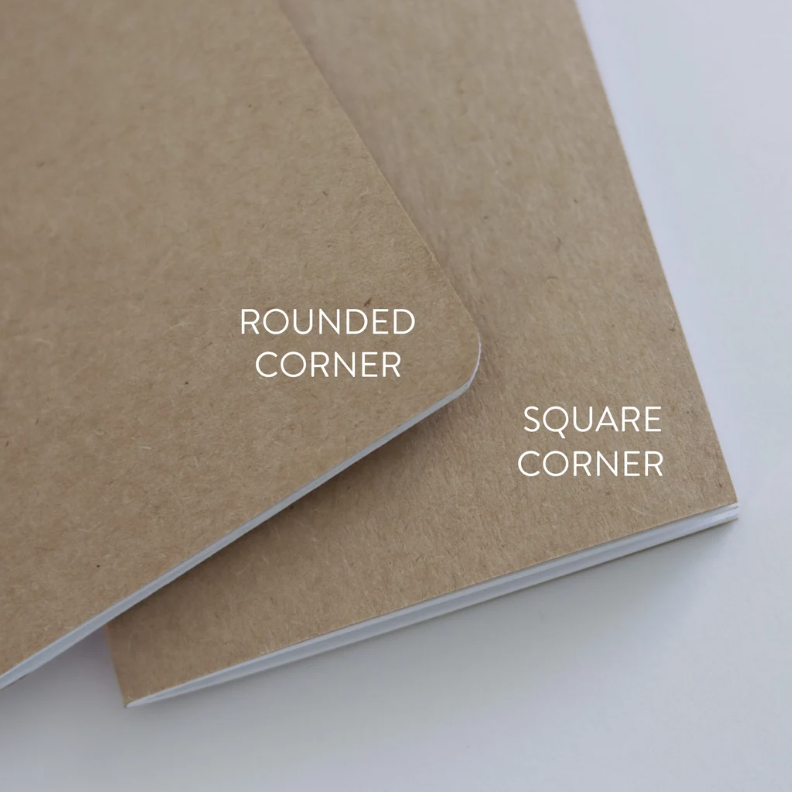 Personalised kraft notebooks with choice of round or square corners