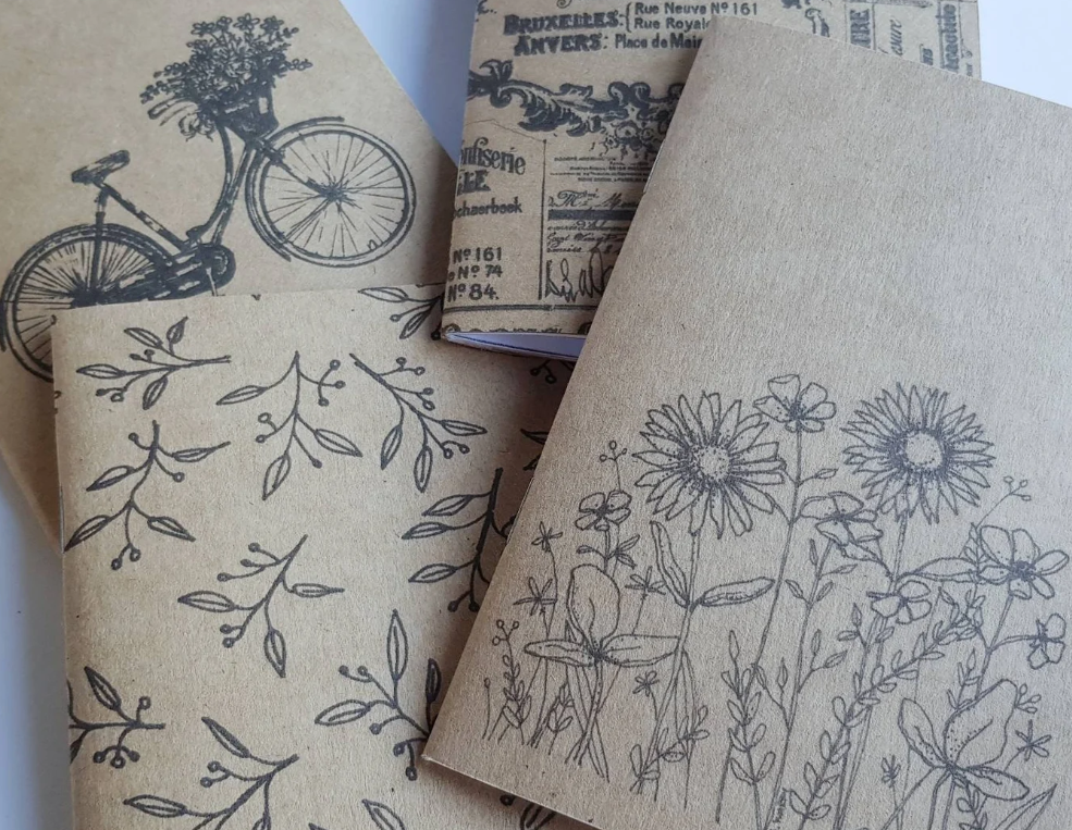 Handmade Notebook Journal A6 Kraft card cover with vintage bicycle, flowers, leaves or French labels