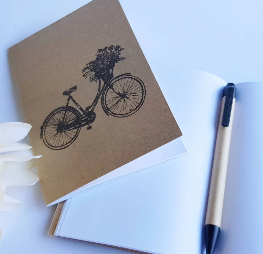 Handmade Notebook Journal A6 Kraft card cover with vintage bicycle, flowers, leaves or French labels