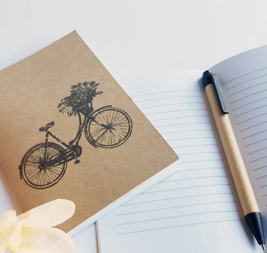 Handmade Notebook Journal A6 Kraft card cover with vintage bicycle, flowers, leaves or French labels