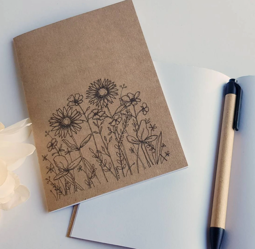 Handmade Notebook Journal A6 Kraft card cover with vintage bicycle, flowers, leaves or French labels