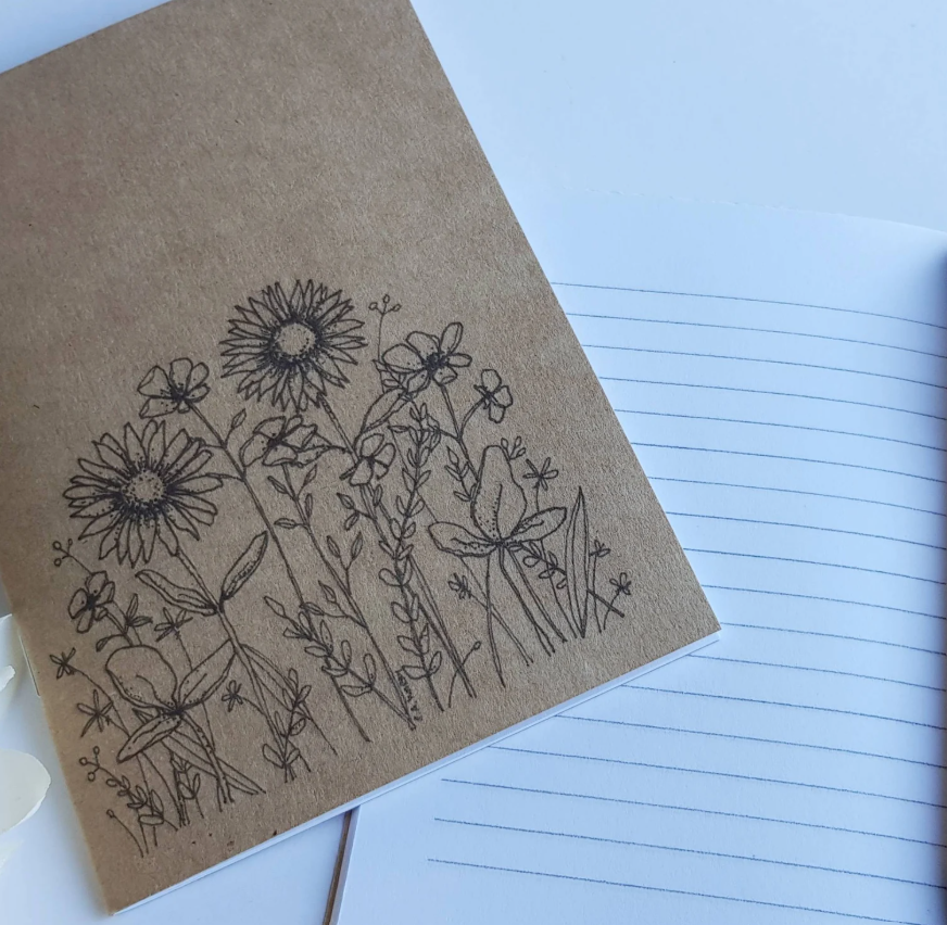 Handmade Notebook Journal A6 Kraft card cover with vintage bicycle, flowers, leaves or French labels