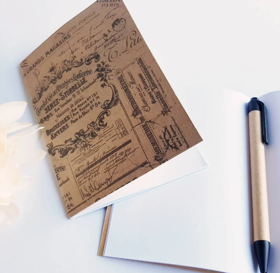 Handmade Notebook Journal A6 Kraft card cover with vintage bicycle, flowers, leaves or French labels