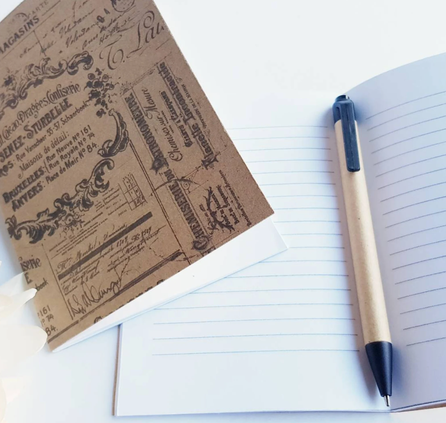 Handmade Notebook Journal A6 Kraft card cover with vintage bicycle, flowers, leaves or French labels