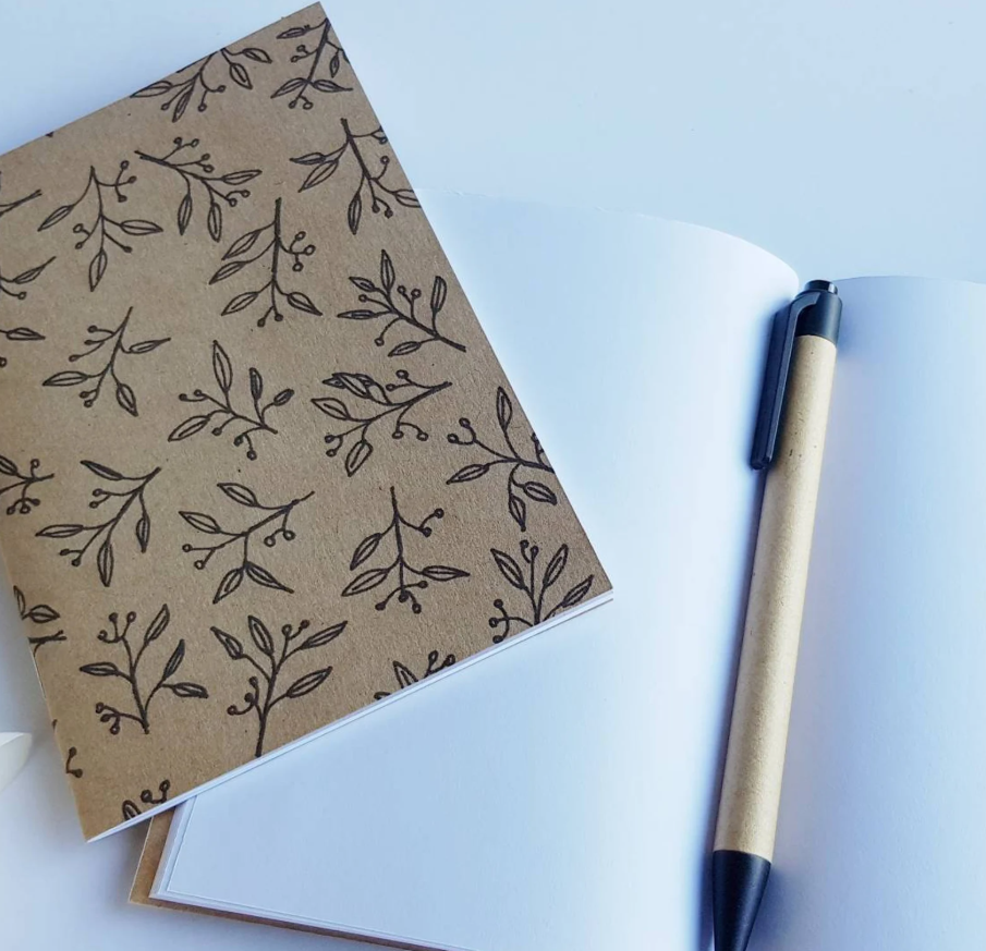 Handmade Notebook Journal A6 Kraft card cover with vintage bicycle, flowers, leaves or French labels