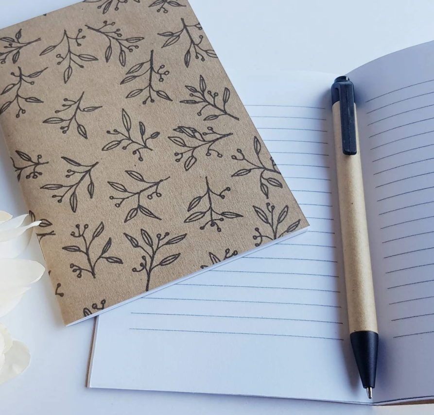 Handmade Notebook Journal A6 Kraft card cover with vintage bicycle, flowers, leaves or French labels