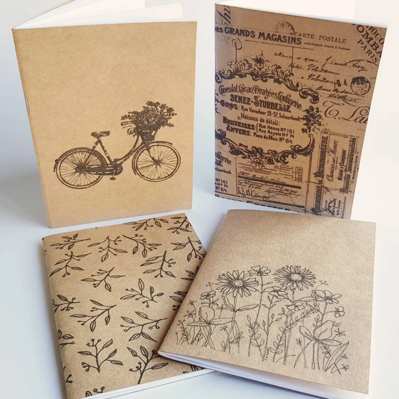 Handmade Notebook Journal A6 Kraft card cover with vintage bicycle, flowers, leaves or French labels