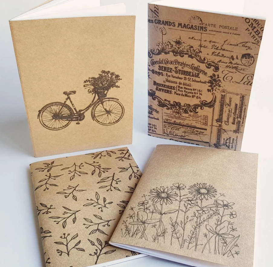 Handmade Notebook Journal A6 Kraft card cover with vintage bicycle, flowers, leaves or French labels